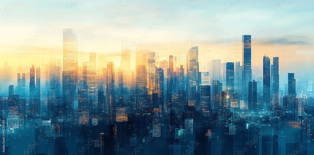 Fototapeta premium Abstract cityscape with skyscrapers at sunrise.