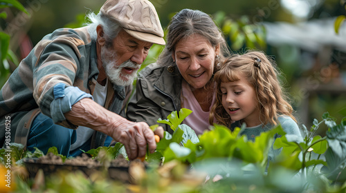 Grandparents and granddaughter gardening in the backyard