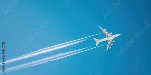 White aircraft at distance, contrails in clear blue sky, distant flight, altitude, blue horizon, transportation, passenger journey, aviation, fly, jet, space, air travel, aerial view, remote, blue
