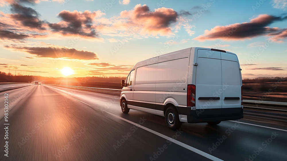 A white van driving on a highway at sunset. The van is in motion and the background is blurred. The sky is a beautiful orange and pink color. A white van driving on a highway at sunset. The van is in motion and the background is blurred. The sky is a beautiful orange and pink color.