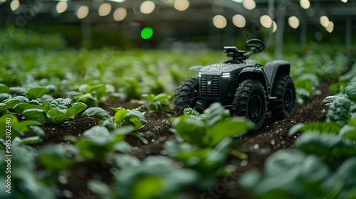 Autonomous tractor working in vegetable farm, 5G technology.