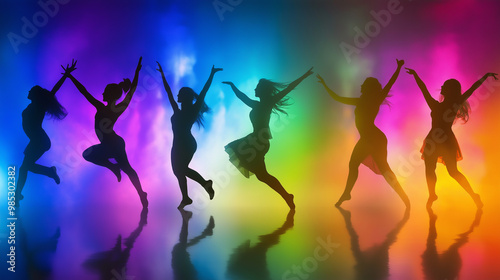 Energetic dancers strike poses against a neon, rainbow lit backdrop.