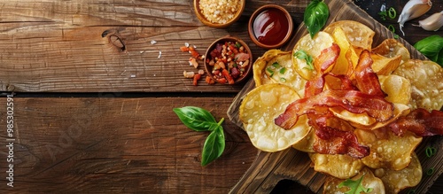 Potato Crisps With Backon Flavour With Grilled Bacon Rashers On Vintage Chopping Board With Garlic And Sauce On Wood Background photo