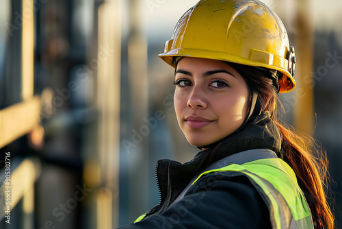 Hispanic female construction worker with safety helmet on, industrial building site, prioritising safety and visibility