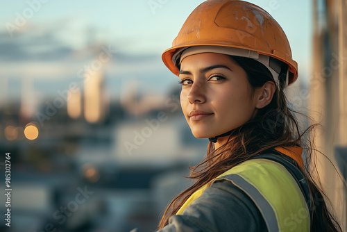 Hispanic female construction worker with safety helmet on, industrial building site, prioritising safety and visibility