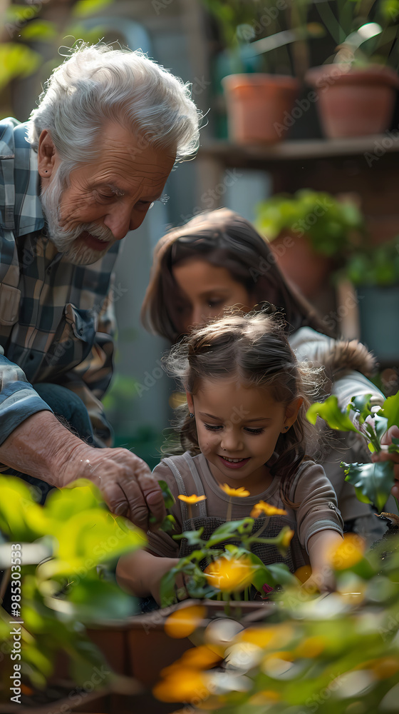 Grandparents and granddaughter gardening in the backyard Grandparents and granddaughter gardening in the backyard