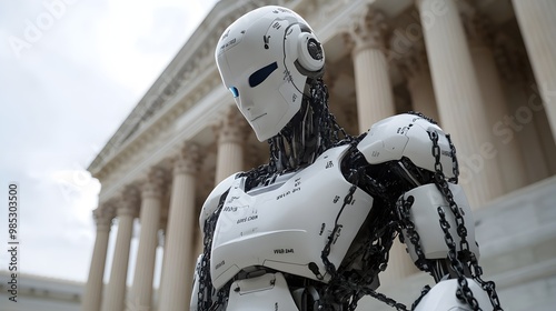 In the shadow of the Supreme Court, a humanoid robot struggles against chains labeled with historic legal rulings, capturing the tension between law and innovation photo