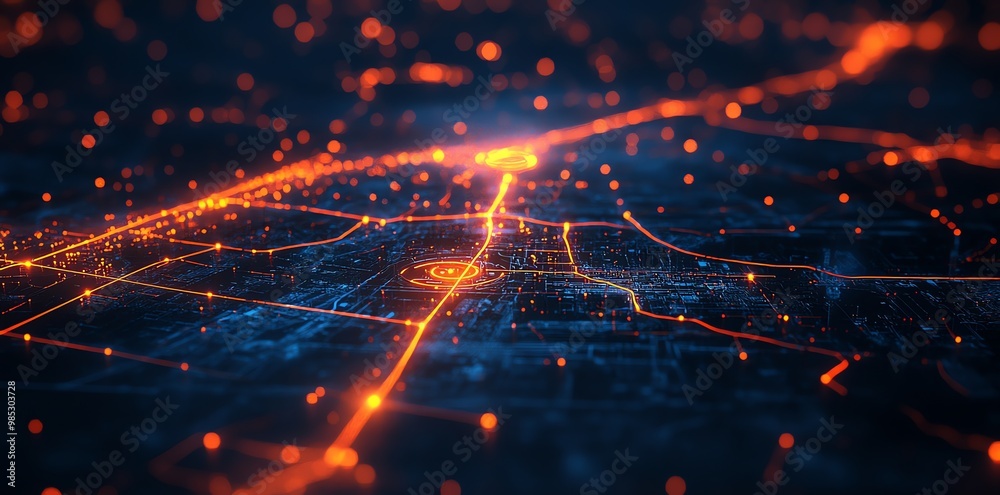 Obraz premium Abstract digital city with glowing orange lines and lights.