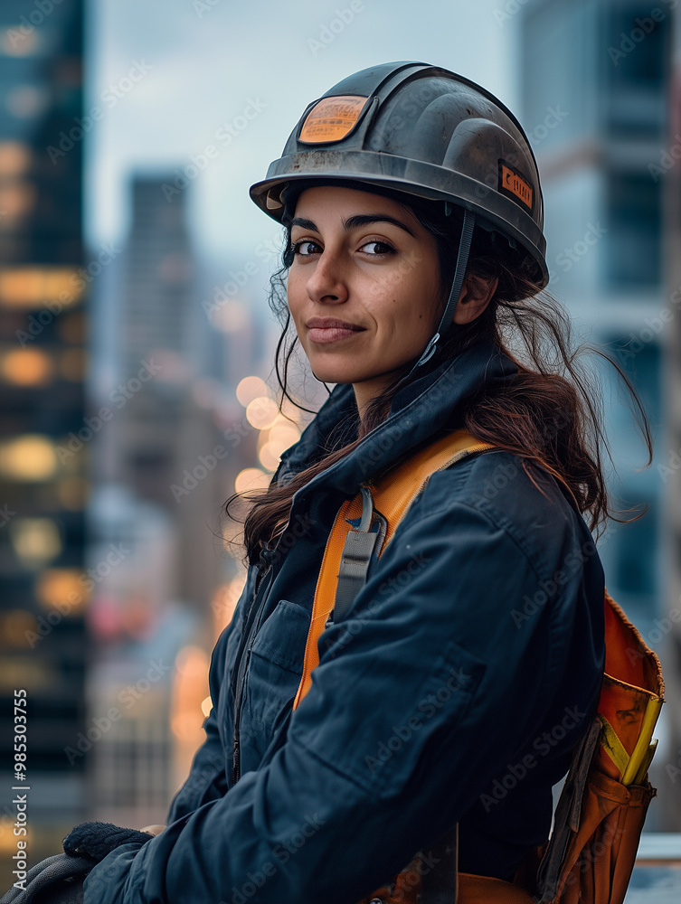 Hispanic female construction worker with safety helmet on, industrial building site, prioritising safety and visibility Hispanic female construction worker with safety helmet on, industrial building site, prioritising safety and visibility
