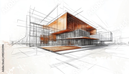 Line art illustration depicting a conceptual architectural drawing featuring a detailed 3D design sketch