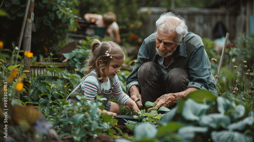 Grandparents and granddaughter gardening in the backyard