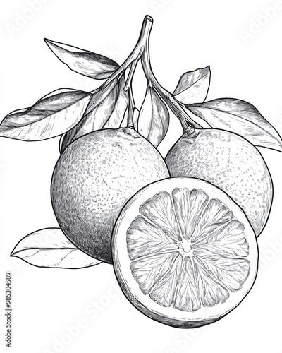 Line art depiction of hand drawn realistic oranges