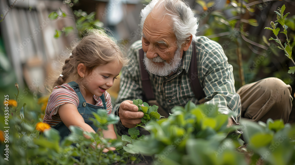 A small girl works in her grandfather's backyard garden with her senior grandfather. A small girl works in her grandfather's backyard garden with her senior grandfather.