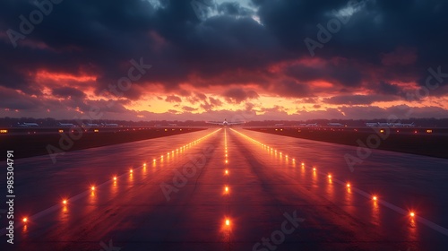 Runway lights illuminate the path at a dramatic sunset.