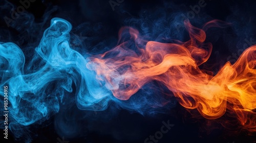 Abstract illustration depicting the flow of smoke with blue and orange hues against a dark backdrop featuring a blend of ink and fire elements