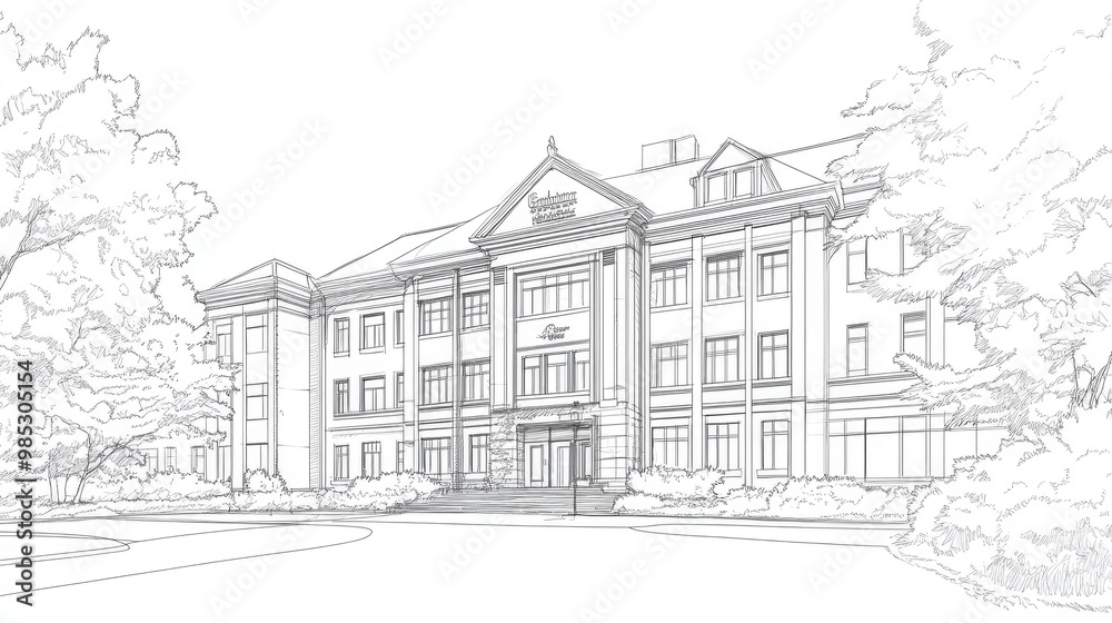 Line Art of a University Campus Building Line Art of a University Campus Building