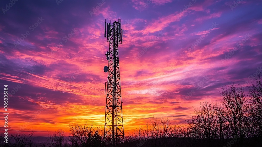 Silhouette of a cell tower against a vibrant sunset sky.