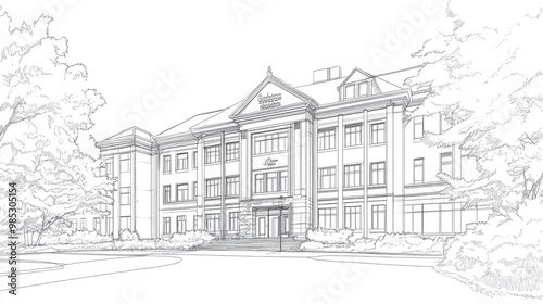 Line Art of a University Campus Building