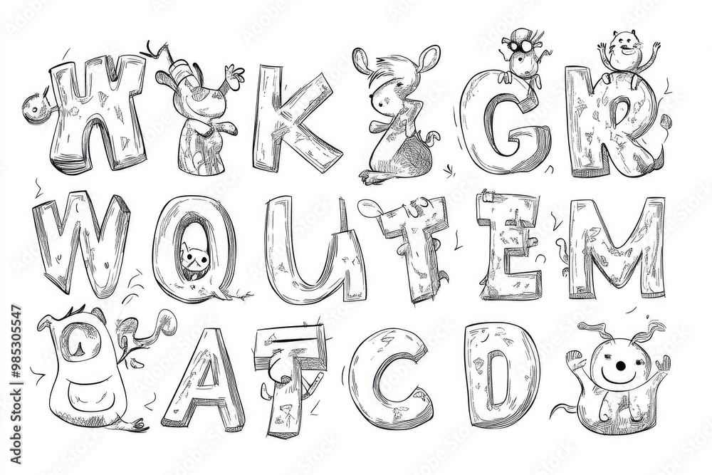 Line art illustration of an alphabet A Z exercise designed for children s coloring books featuring fun cartoon characters Line art illustration of an alphabet A Z exercise designed for children s coloring books featuring fun cartoon characters