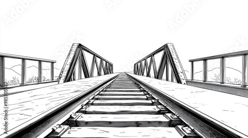 Line art illustration showcasing railroad tracks alongside a bridge