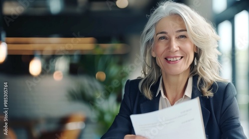 Fototapeta Naklejka Na Ścianę i Meble -  Smiling mature business woman hr holding cv document at job interview. Happy mid aged professional banking manager or lawyer consulting client sitting at workplace in corporate office meeting.