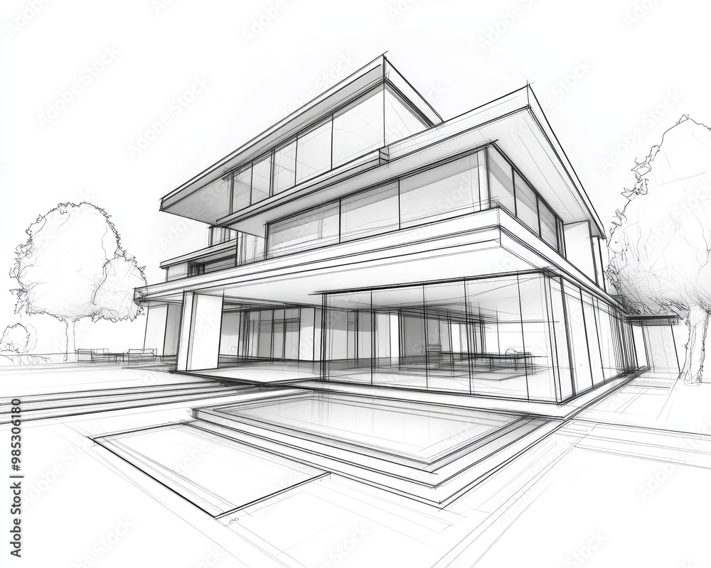 Line art illustration depicting a conceptual 3D architectural sketch Line art illustration depicting a conceptual 3D architectural sketch