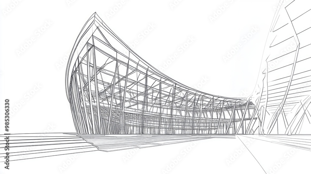 Line art illustration of an international stadium featuring a modern architectural design and dynamic structural elements Line art illustration of an international stadium featuring a modern architectural design and dynamic structural elements