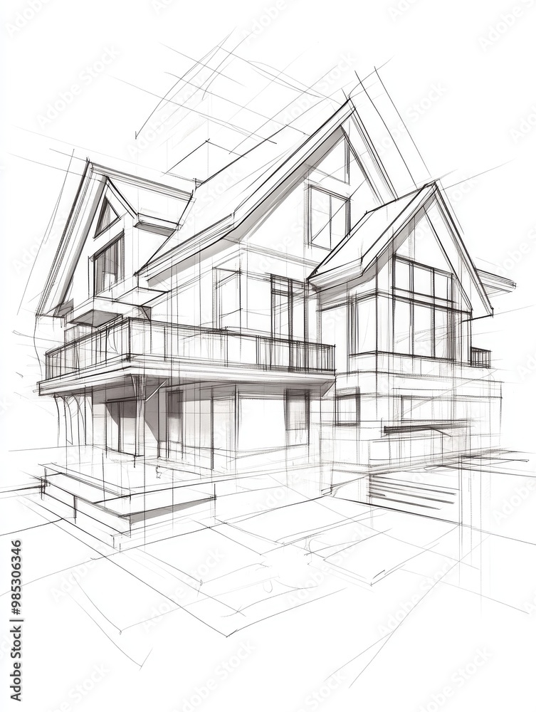 Line art illustration depicting architectural concepts of a house building in a 3D sketch format