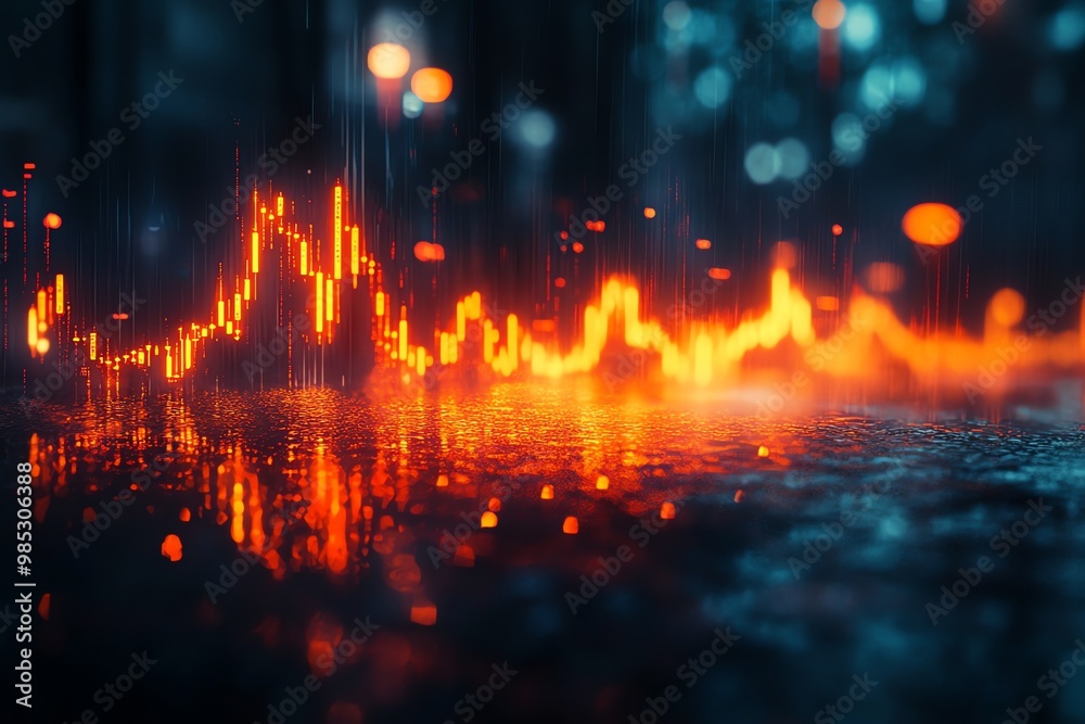 Fototapeta premium Abstract glowing digital chart reflected in water, night city background.