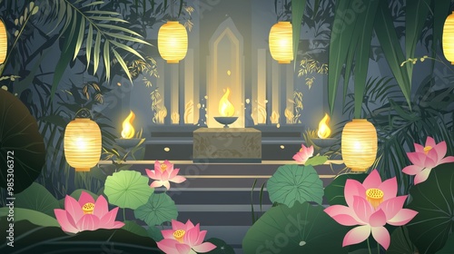 Serene nighttime garden scene with glowing lanterns, blooming lotus flowers, and lush green foliage creating an enchanting, peaceful atmosphere. photo