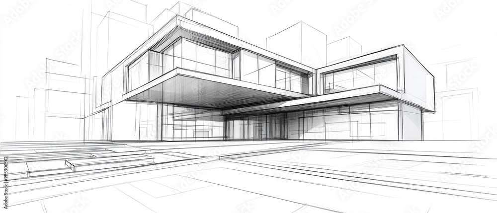 3D concept sketch of architectural building in line art style 3D concept sketch of architectural building in line art style