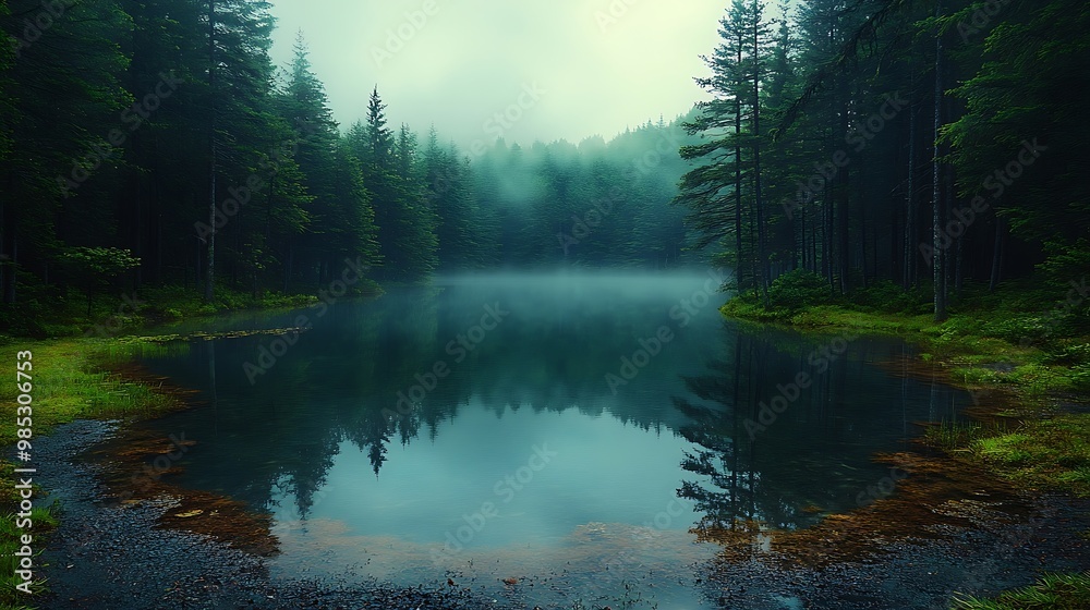 A tranquil lake surrounded by misty forest, with reflections in the water. A tranquil lake surrounded by misty forest, with reflections in the water.
