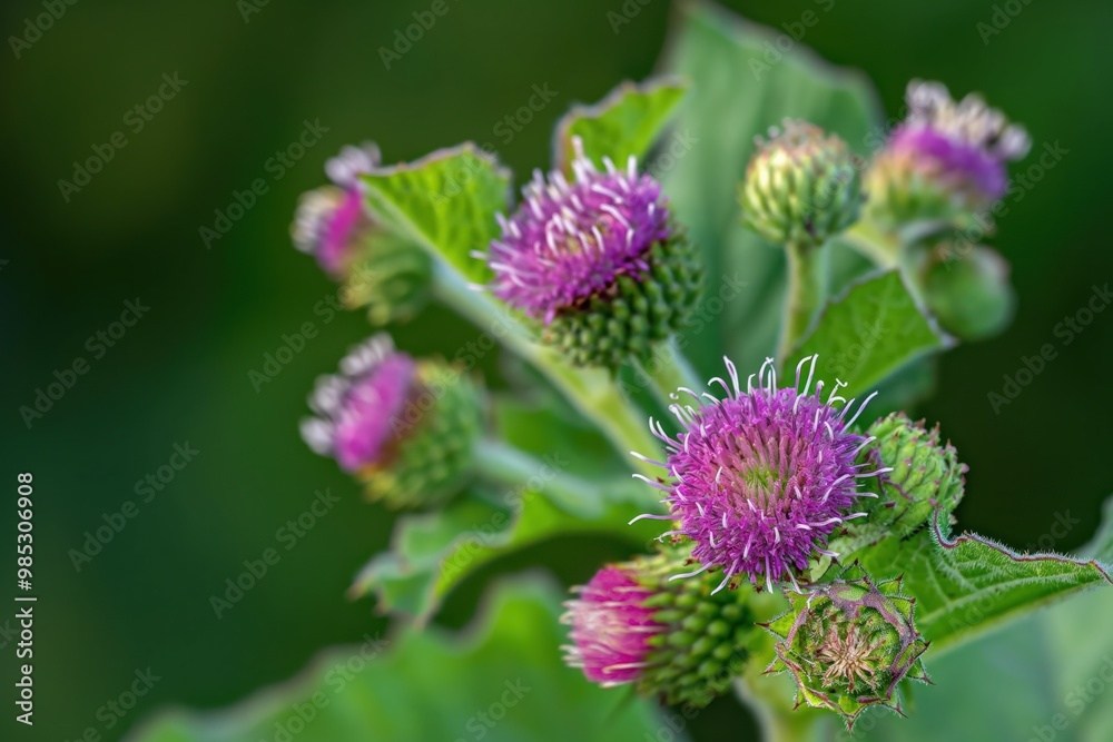 Close-up of a flowering greater burdock with prickly stem and purple flowers. Green leaves and stems surround the blooming plant. A bumblebee is near the blossom.