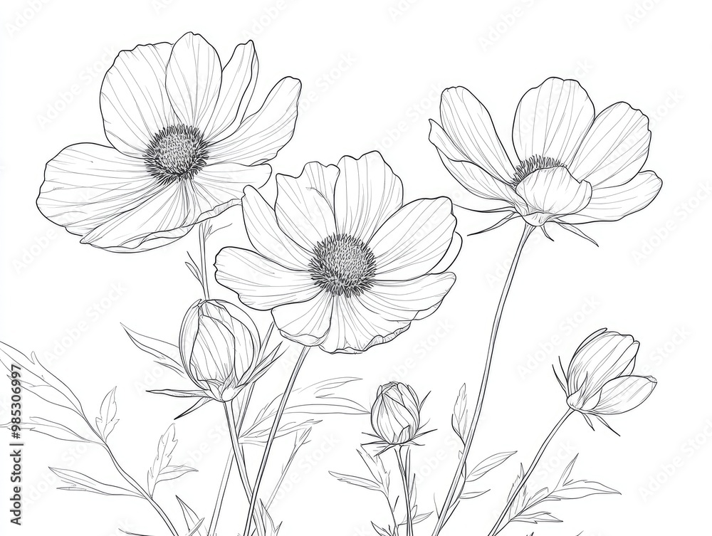 Cosmos flowers depicted in a line art design Cosmos flowers depicted in a line art design