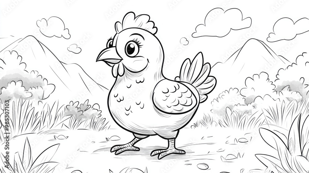 Whimsical chicken themed educational game in line art style Ideal for children s coloring book pages Whimsical chicken themed educational game in line art style Ideal for children s coloring book pages