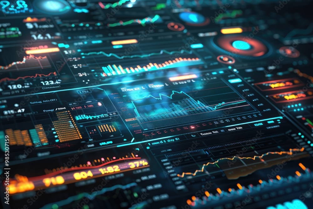 Holographic interface showing AI-driven stock market analysis with advanced financial tools and dynamic data visualization Holographic interface showing AI-driven stock market analysis with advanced financial tools and dynamic data visualization
