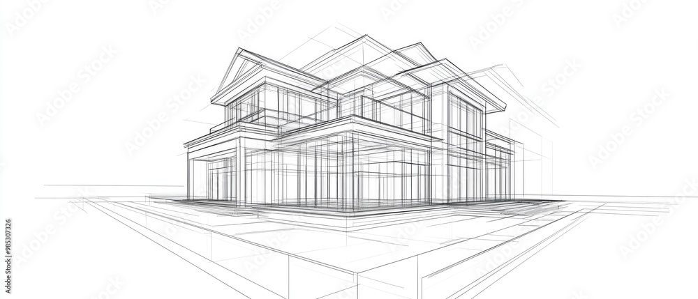 Line art depiction of architectural design in 3D illustration style Line art depiction of architectural design in 3D illustration style