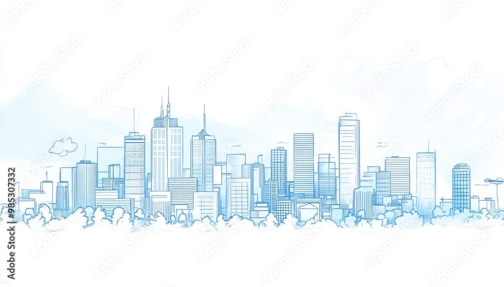 Line art illustration of a skyline featuring blue buildings and ample copy space representing a business travel and tourism concept with modern architecture Suitable for presentations and web use Line art illustration of a skyline featuring blue buildings and ample copy space representing a business travel and tourism concept with modern architecture Suitable for presentations and web use