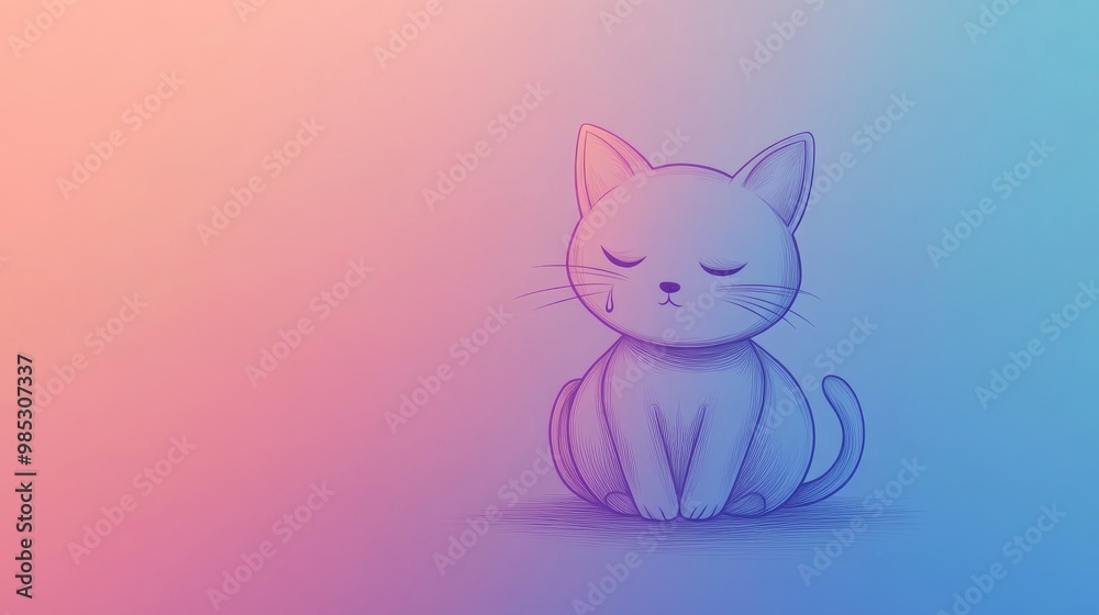 Line art illustration of a gradient cold hued drawing featuring a crying cartoon cat in a seated position