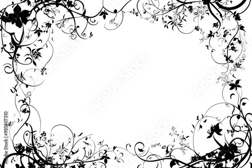 Line art illustration of a black frame featuring intricate intertwined swirls and floral designs against a white background