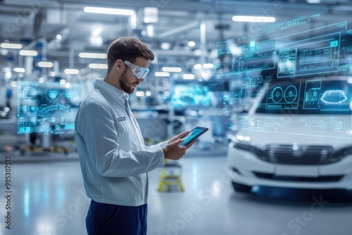 Very realistic and photographic photo of an engineer analyzing data on a tablet in a futuristic electronic vehicle factory, surrounded by holographic displays showing detailed dashboard data. The