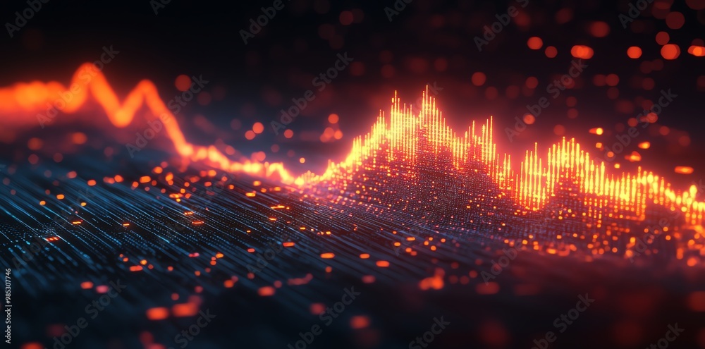 Abstract glowing orange lines and dots forming a digital mountain range against a dark background.