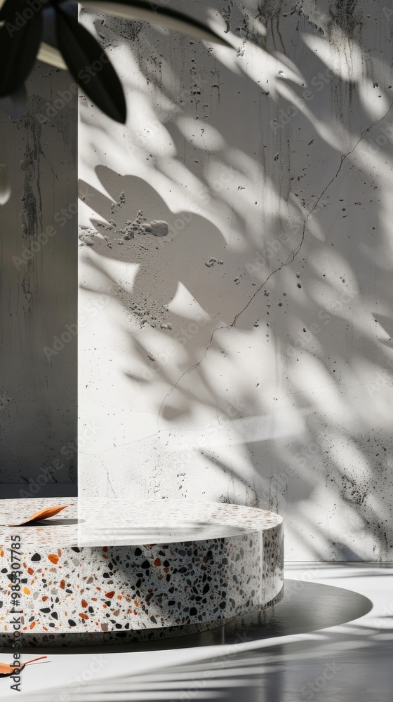 Minimalist stone podium with terrazzo surface and leaf shadows Minimalist stone podium with terrazzo surface and leaf shadows