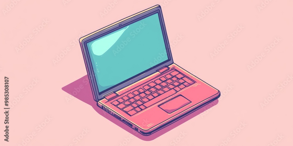 Line art illustration featuring a cartoon style laptop computer Line art illustration featuring a cartoon style laptop computer