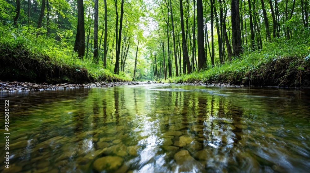 A stream flowing gently through a lush, green forest, its waters crystal clear and reflective of the surrounding trees A stream flowing gently through a lush, green forest, its waters crystal clear and reflective of the surrounding trees