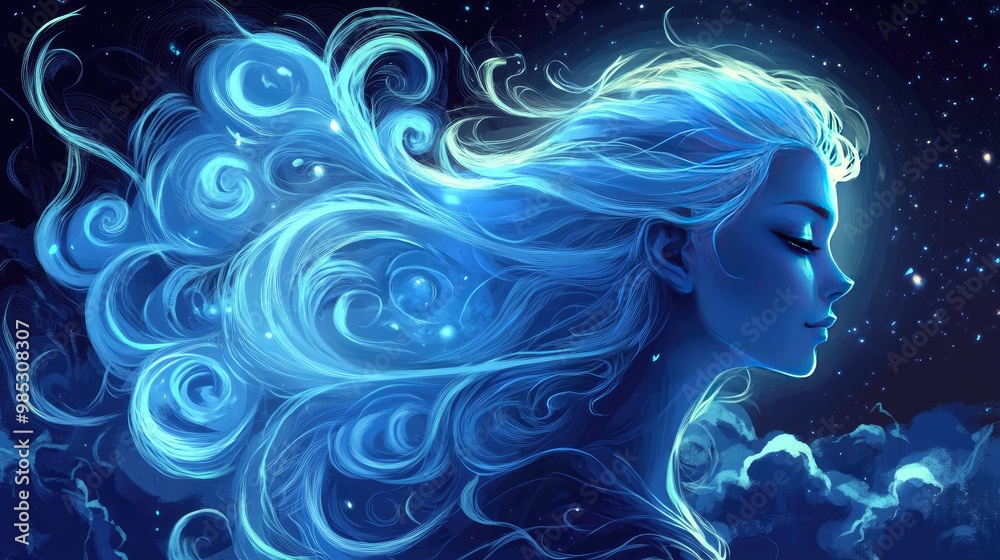 A breathtakingly beautiful woman with flowing, luminescent hair that glows softly in the moonlight.