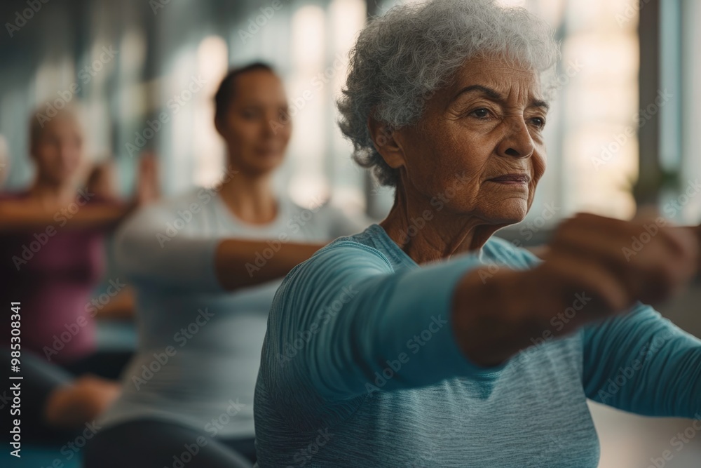 Elderly individuals in a fitness class, learning new exercises to improve their strength and flexibility in a supportive environment Elderly individuals in a fitness class, learning new exercises to improve their strength and flexibility in a supportive environment