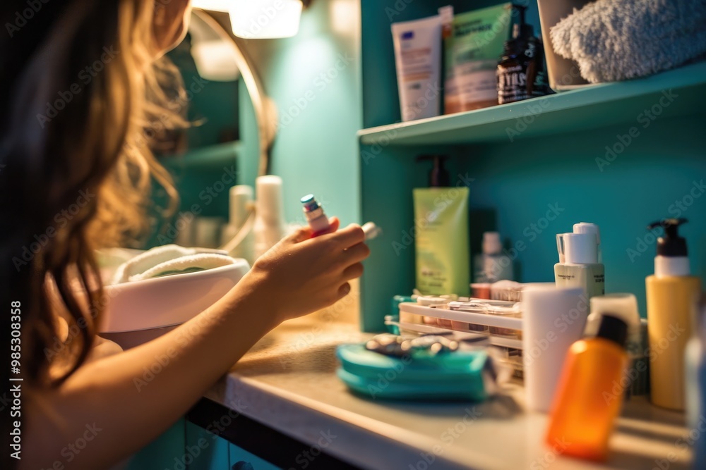 Parent and student organizing toiletries on a dorm room vanity, making sure everything is easily accessible Parent and student organizing toiletries on a dorm room vanity, making sure everything is easily accessible