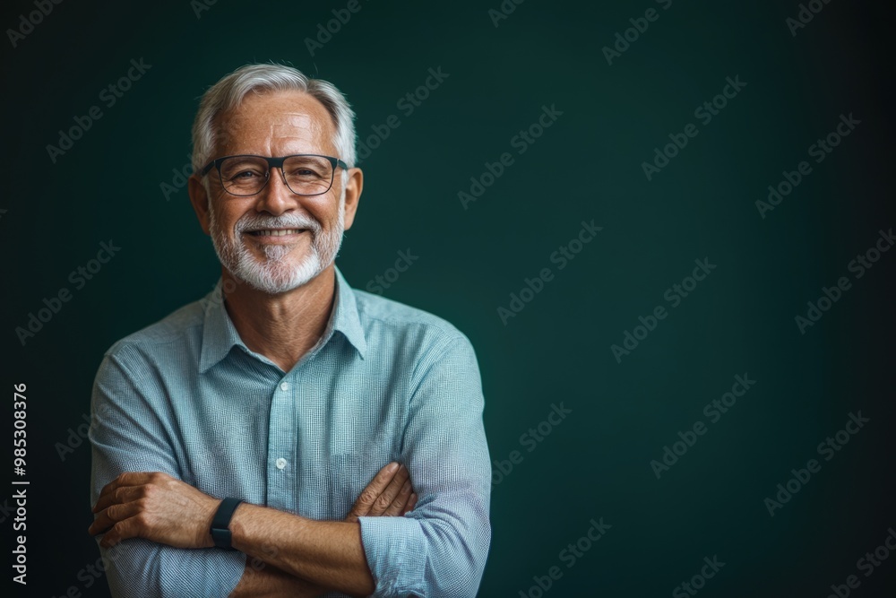 Senior male presenter, hands clasped, smiling softly, with a solid dark green background and plenty of room for text Senior male presenter, hands clasped, smiling softly, with a solid dark green background and plenty of room for text