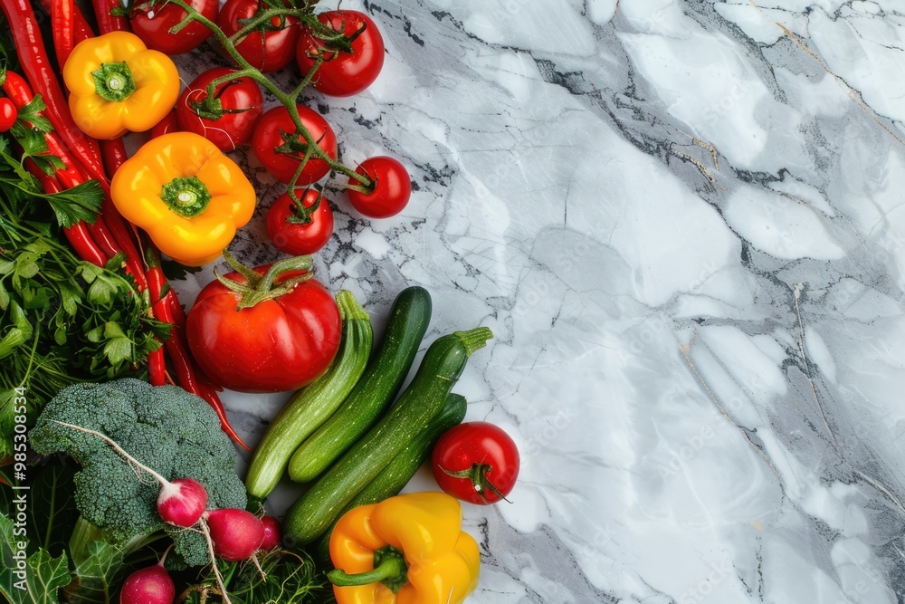 A variety of vibrant vegetables on a marble background, photographed from above with open space for text A variety of vibrant vegetables on a marble background, photographed from above with open space for text